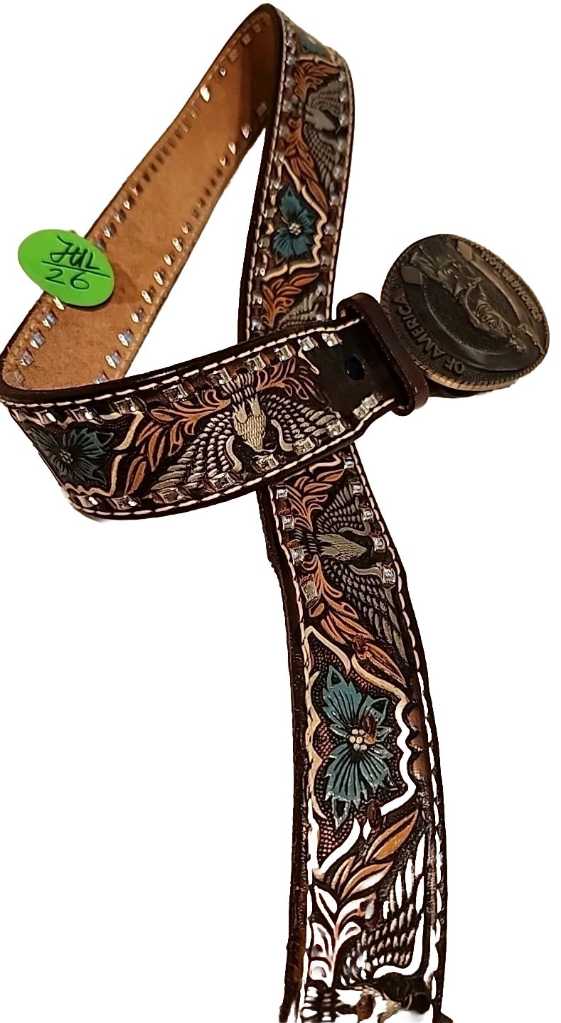 HORSESHOERS AMERICA AWARD DESIGN SOLID BRASS BUCKLE W/ LEATHER WILSON BELT SZ40