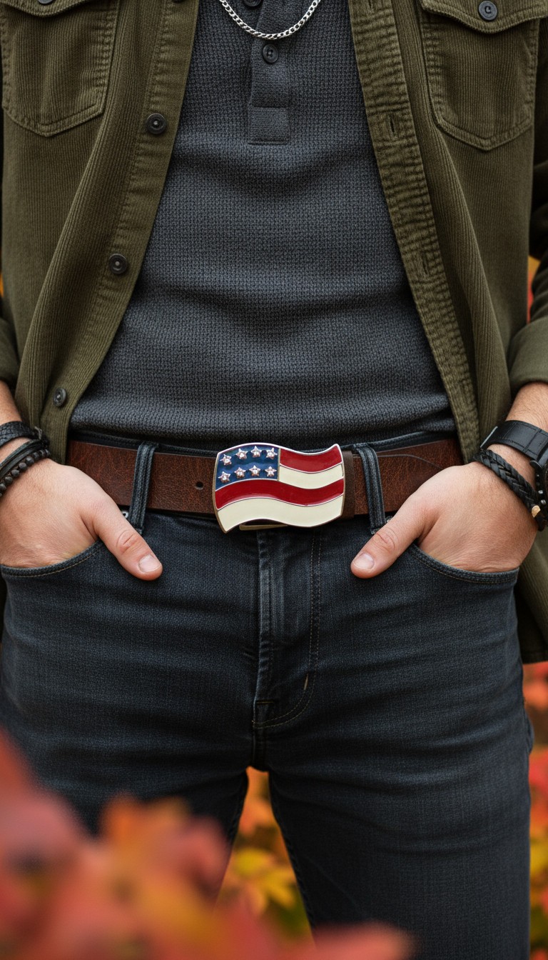 New Men Women Buckle Western Silver American USA Flag United States Casual Look