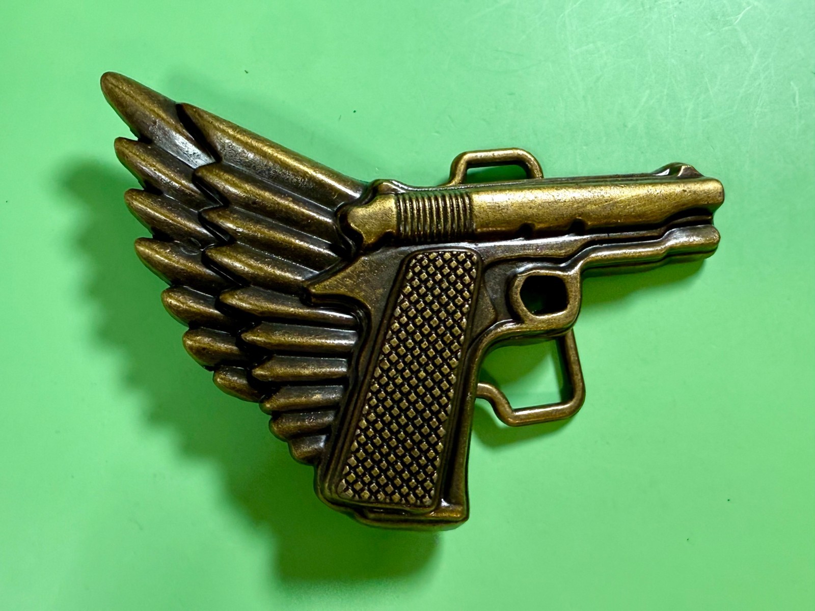Winged Gun Flying Pistol Handgun Figural Cutout Brass Tone 4&Prime; Wide Belt Buckle