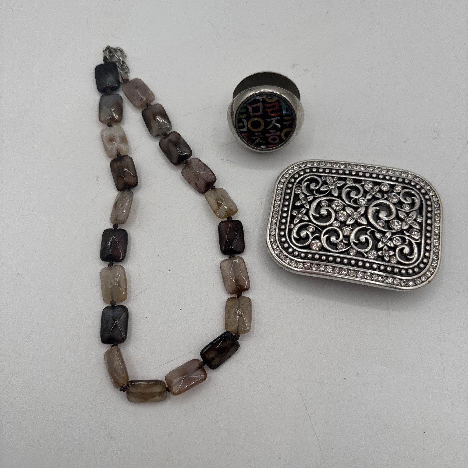 Shiny Metal Fashion Belt Buckle Business Card Holder & Agate Necklace.