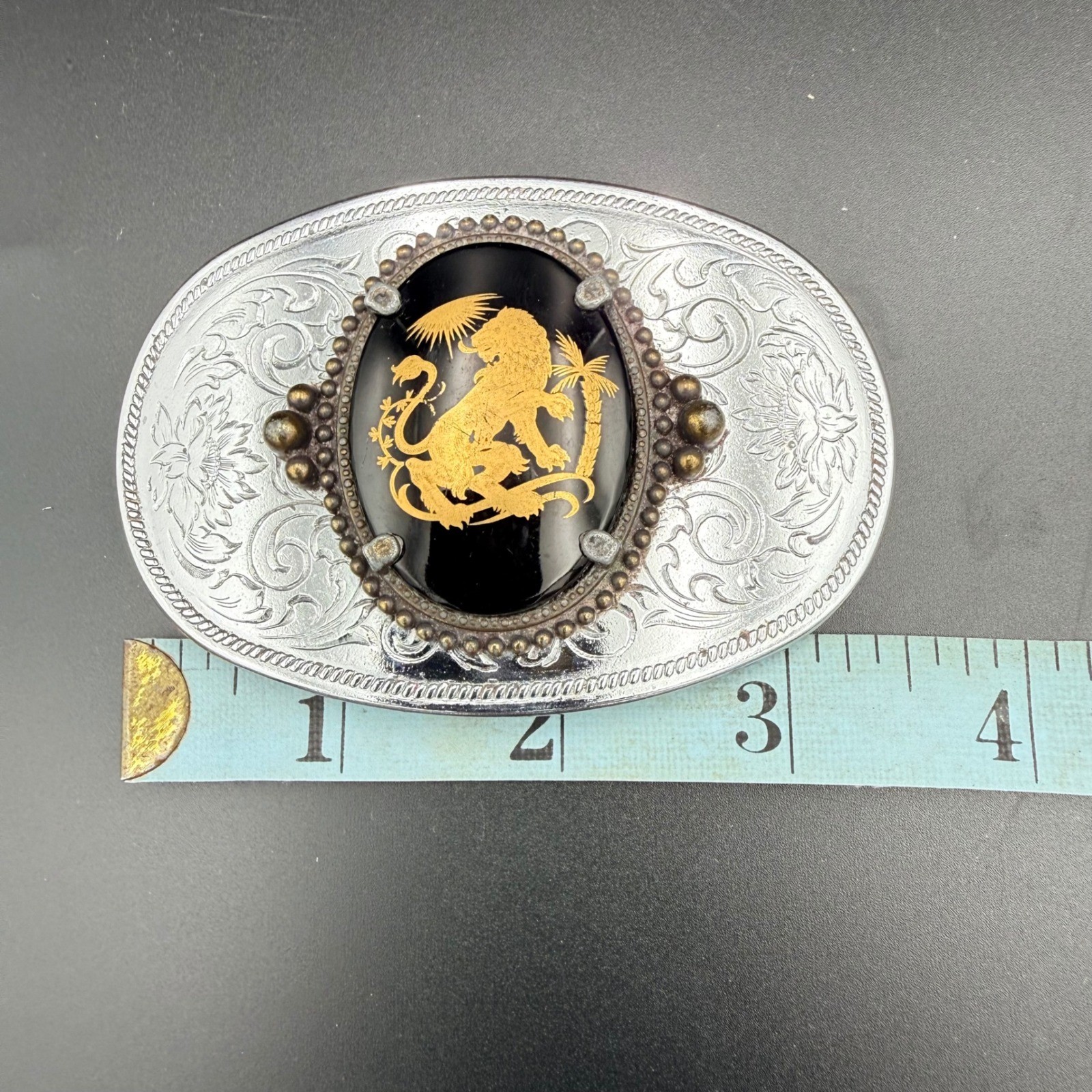 Vintage Lion Palm Tree Belt Buckle Silver Black Gold Oval Engraved Western Boho