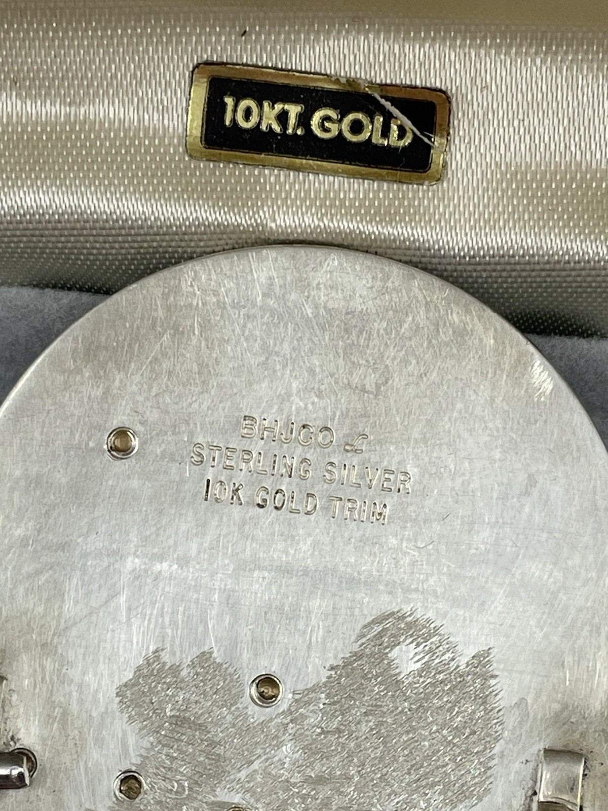Hand Engraved BHJ CO. Sterling and 10k multi color gold Belt buckle Used