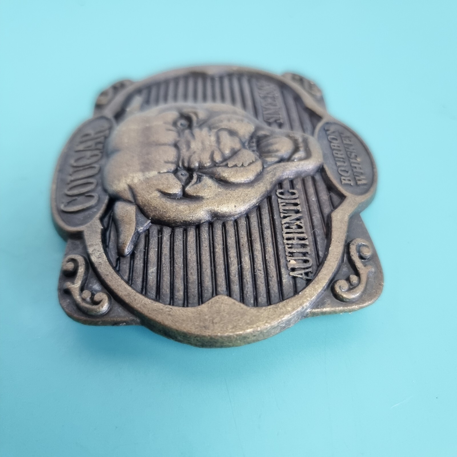 Cougar Bourbon Belt Buckle Whiskey Metal Alcohol Promo Vintage Antique Bronze