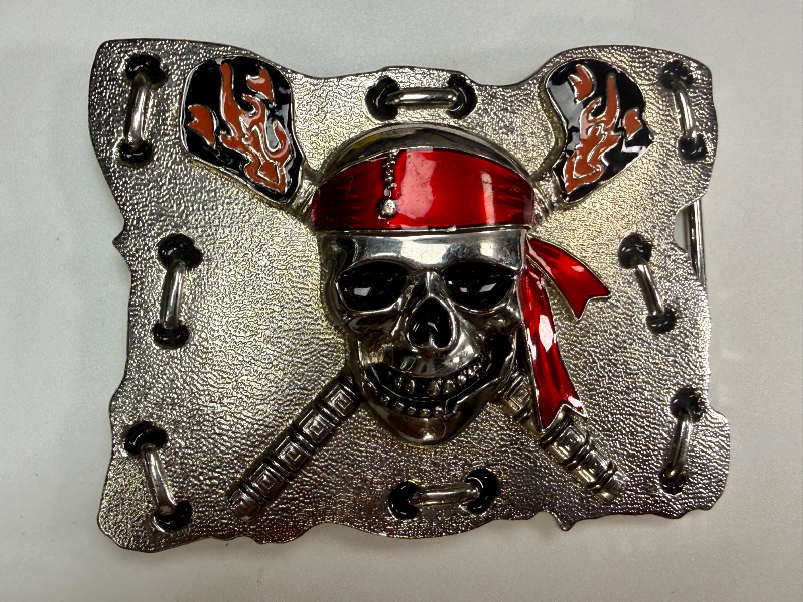 Raised Pirate Skull in Red Bandana Swords Gothic Punk Biker Vibe Belt Buckle
