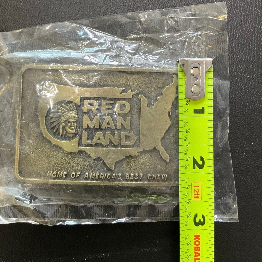 Vintage Red Man Land Belt Buckle Brass Tone Tobacco Advertising Americana USA