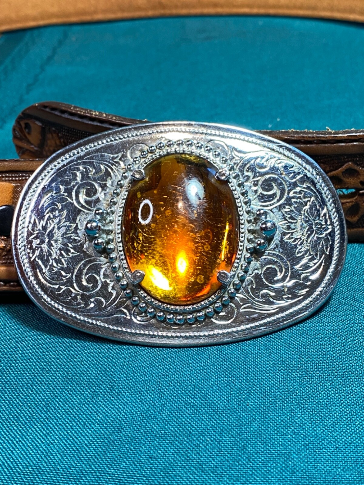 Tex Tan Full Grain Cowhide Belt Size 36 Tool Silver Buckle Polished Amber Stone