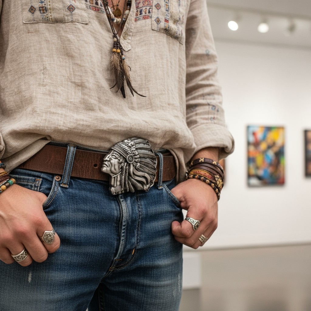 Men Dark Silver Metal Buckle Native American Indian Headdress Western Fashion