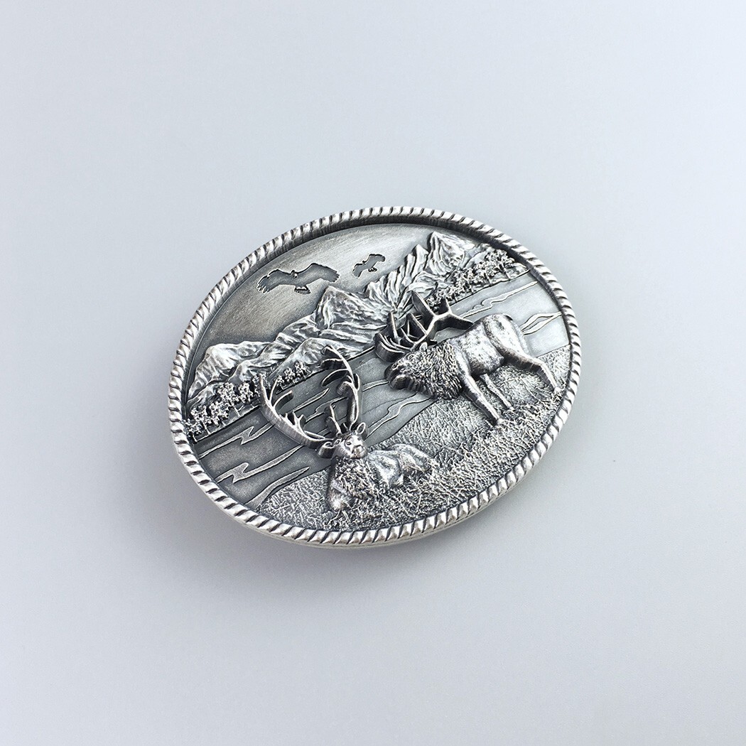 Vintage Silver Plated Western Deer Wild Life Oval Belt Buckle Boucle de Ceinture