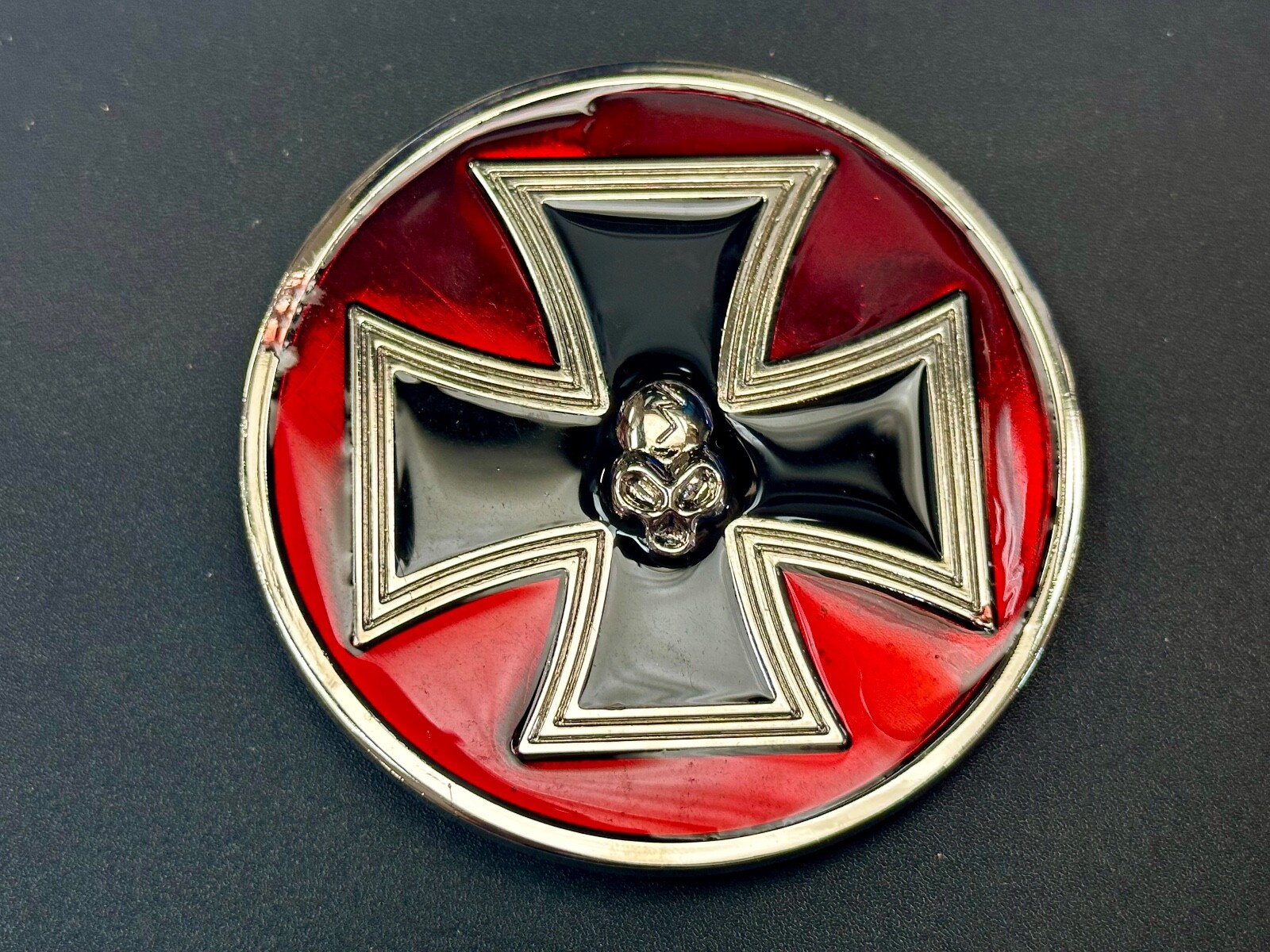 Enamel Round Iron Maltese Cross With Centered Silver Color Skull Belt Buckle
