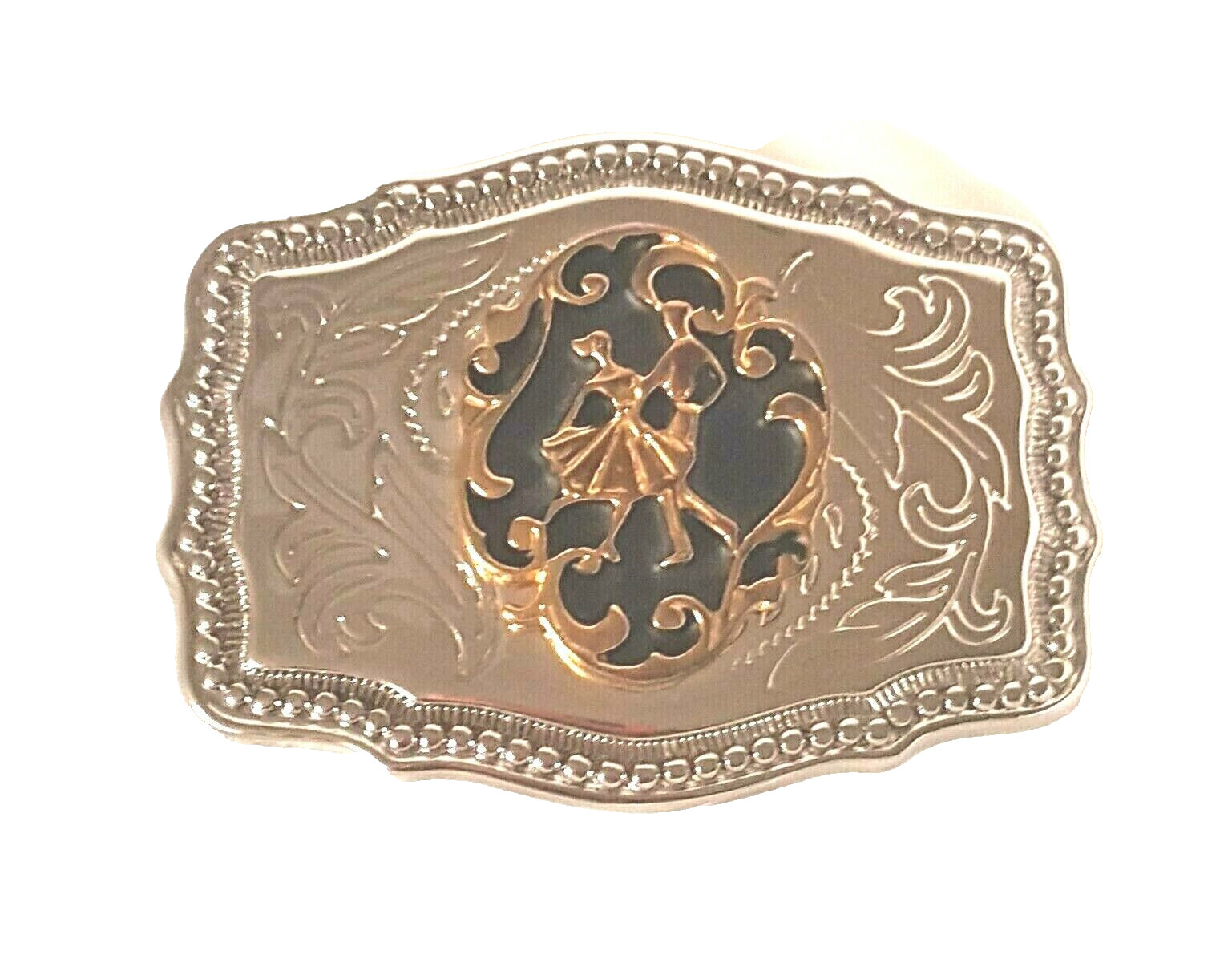 Belt Buckle Dancing Couple Made in the USA Embossed Black/Silver/Gold tone