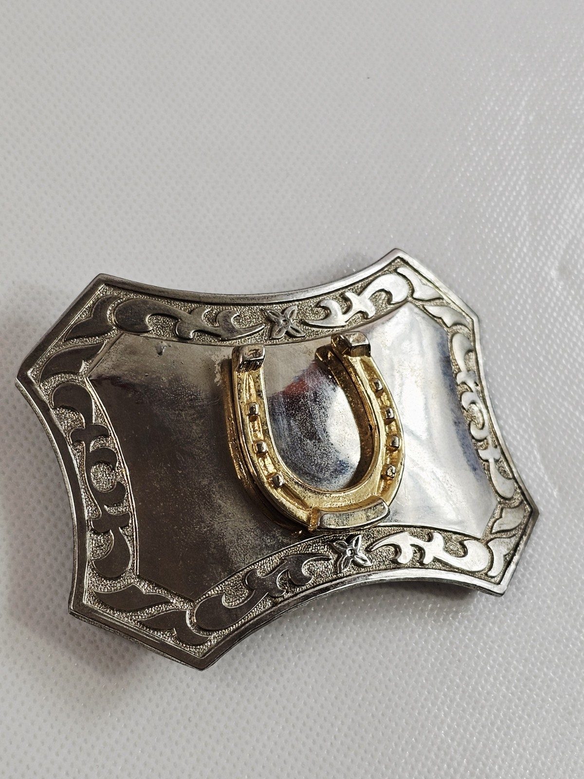 Chrome Horseshoe Belt Buckle Scroll Border Flared Ends Equestrian Vtg
