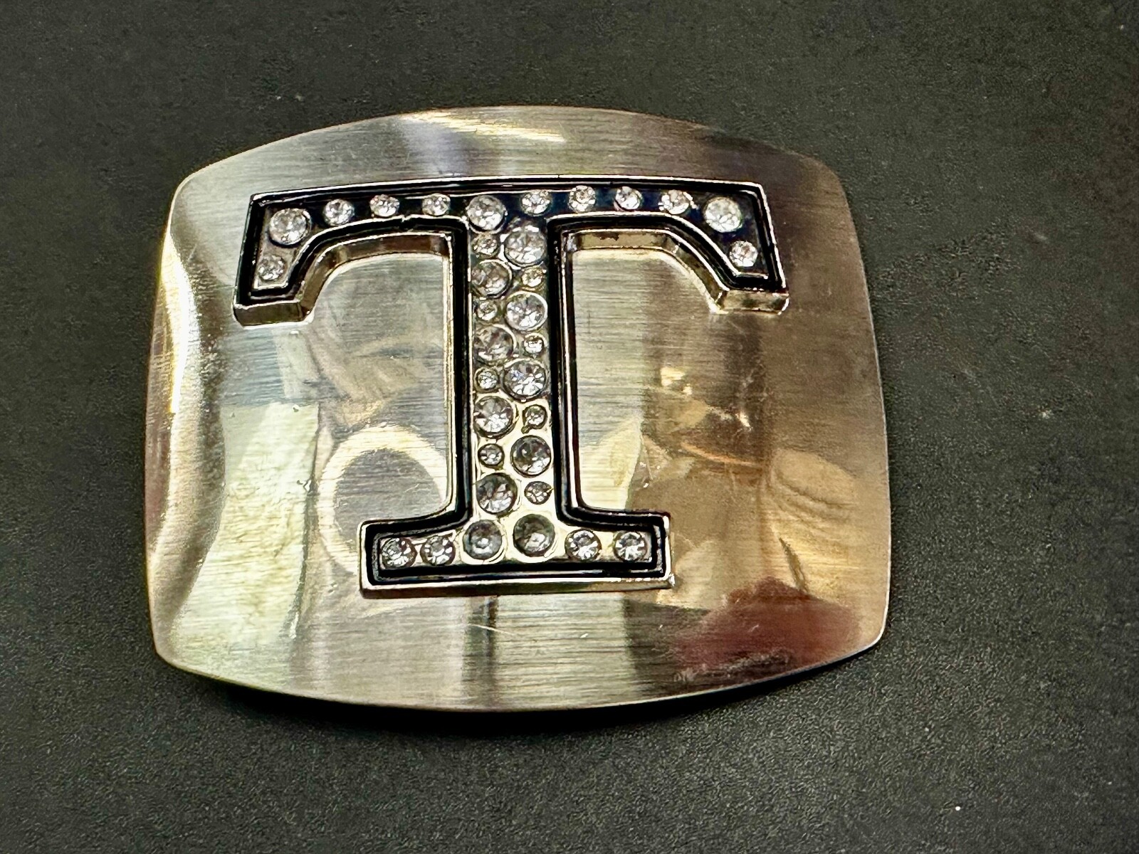 Letter Initial T – Silver color Vintage Belt Buckle – Missing Rhinestone?