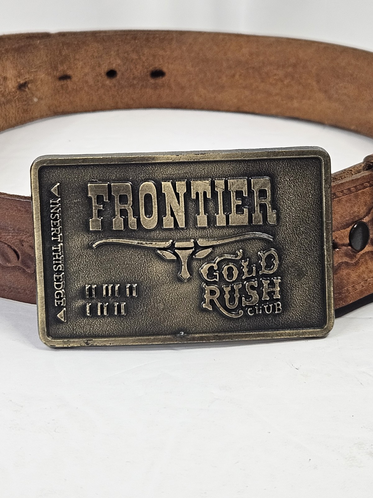 Vintage 80s FRONTIER Gold Rush Club Belt Buckle w/ Embossed Brown Leather Belt