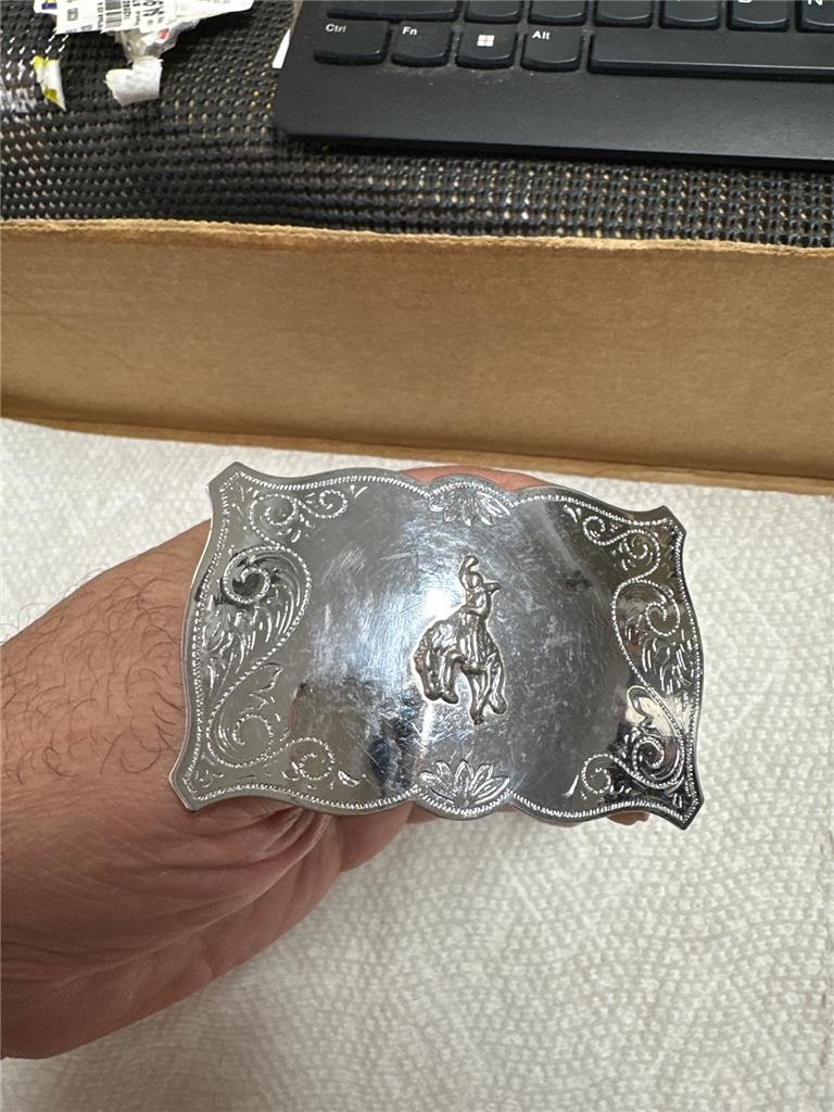 Vintage Nickel Plated Hand Polished Bucking Horse With Cowboy Belt Buckle