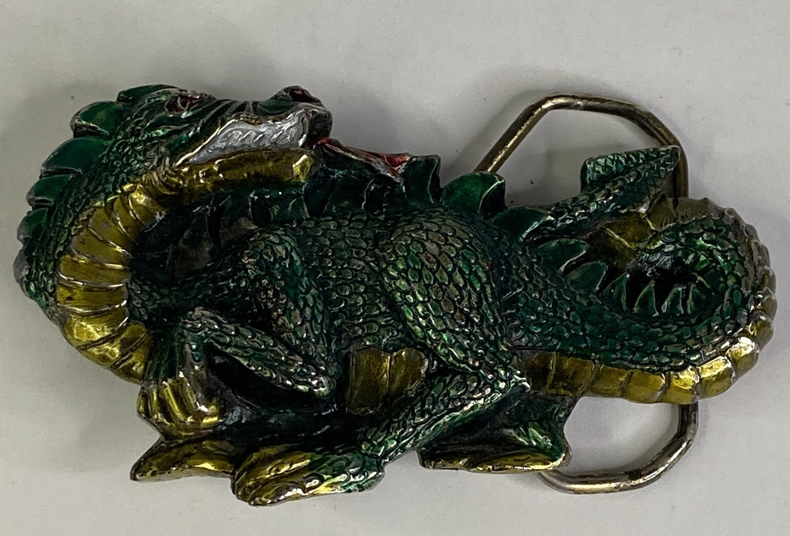 Vintage 1984 Baron Solid Brass Multi-Color “Dragon” #H1422 3” 3D Belt Buckle
