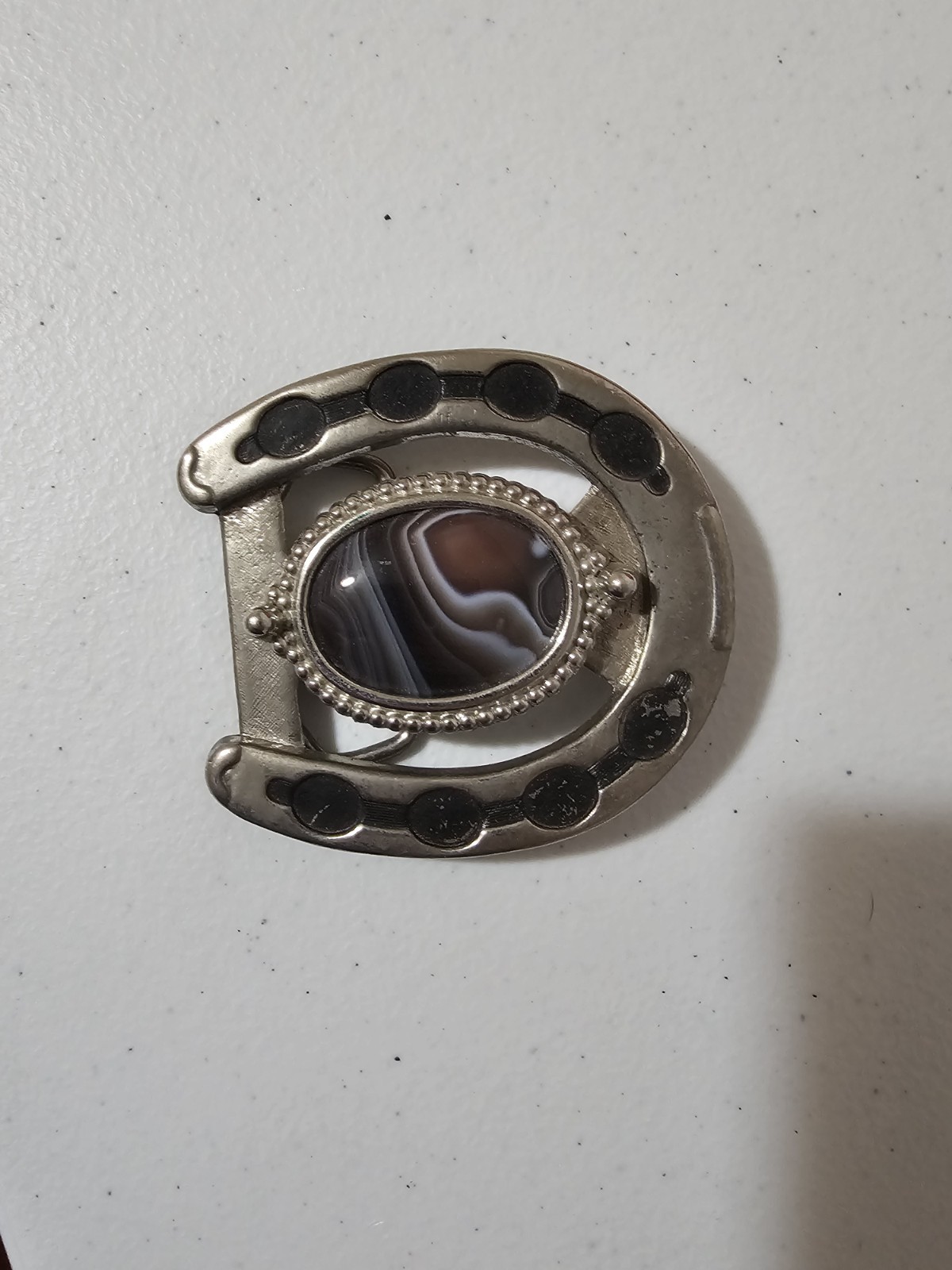 Western Horseshoe Belt Buckle Silver Tone Metal w/ Oval Agate Stone