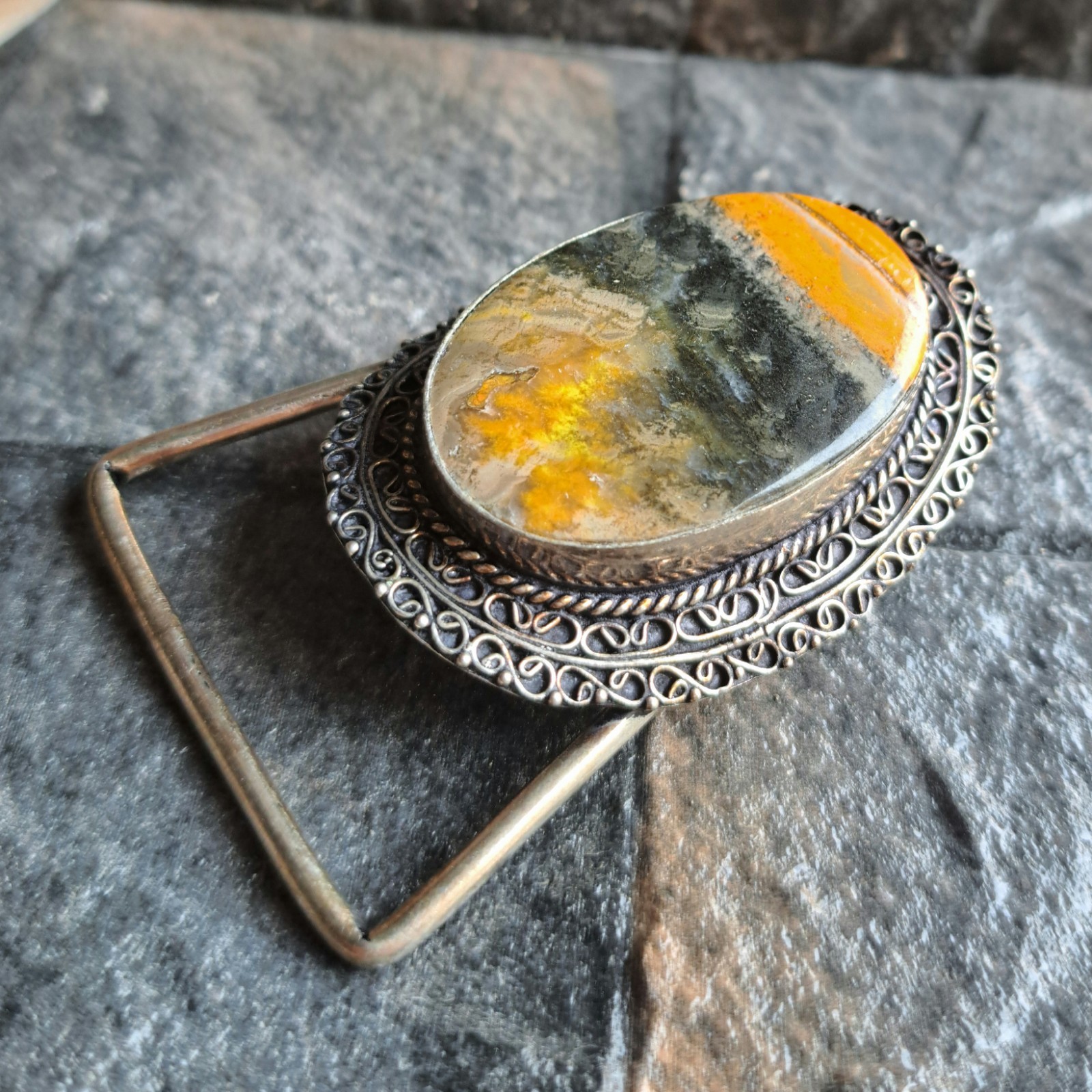 Bumblebee Jasper Oval Silver Plated Belt Buckle Bold Yellow Black Western Unisex