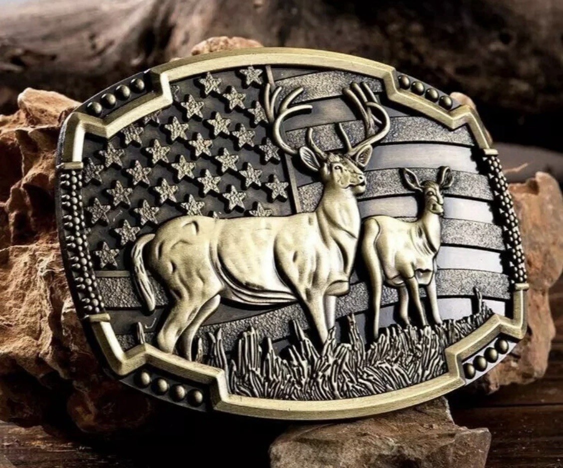 3-D ANIMAL DEER FAWN STAR AMERICAN FLAG GOLD RODEO COWBOY WESTERN BELT BUCKLE