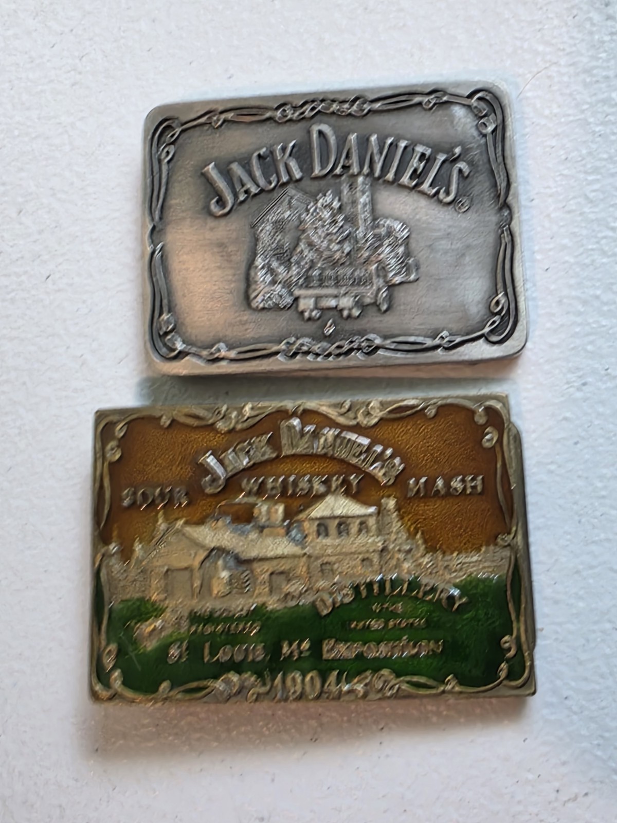 Lot of 2 Jack Daniel&rsquo;s Belt Buckles Lynchburg TN Distillery 1994 & 2006 JD Brass