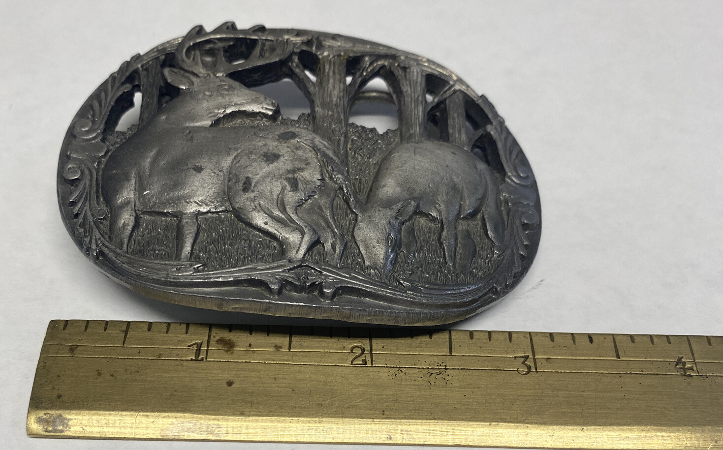 Vintage Men’s Belt Buckle 1990 C+J INC. Deer Theme Nice! Made un USA