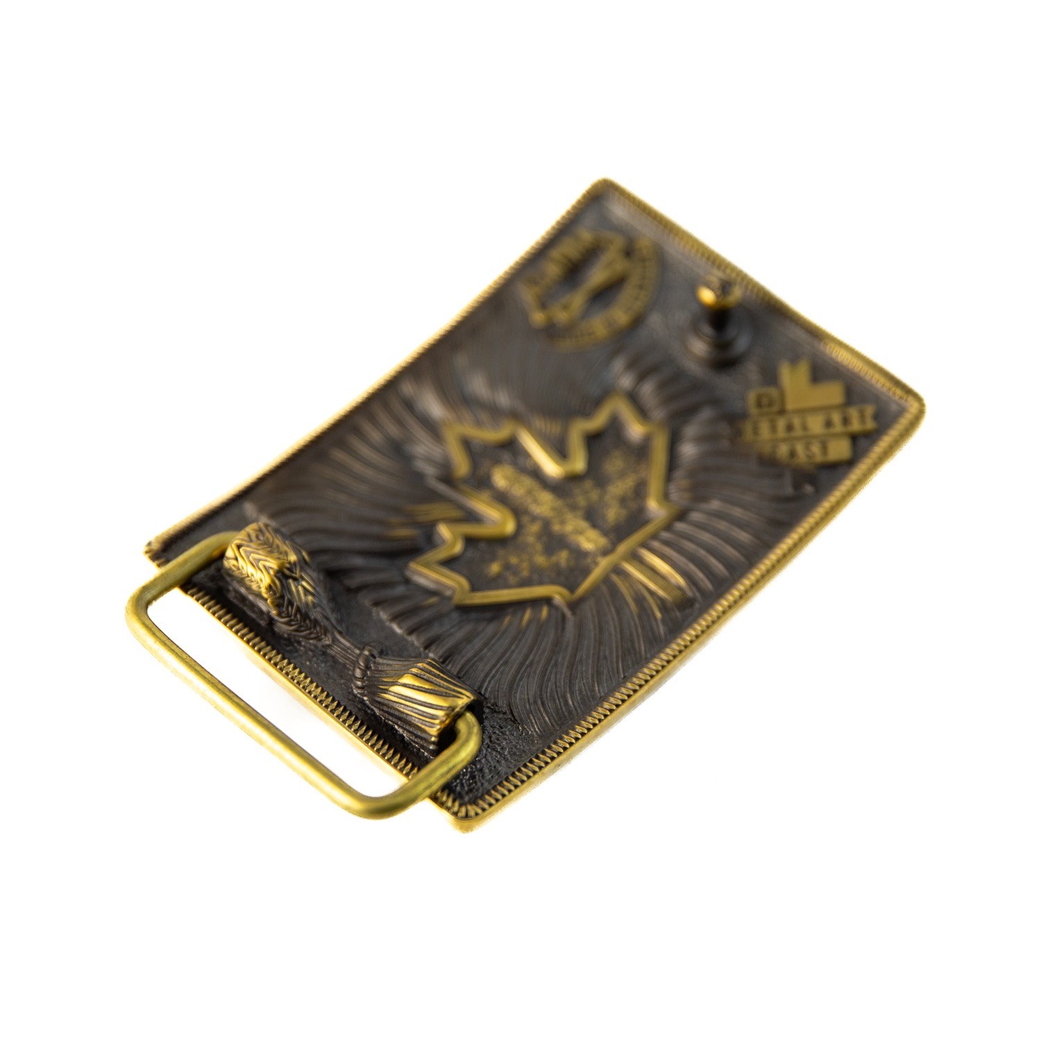 Brass belt buckle Maple leaf, Handmade Ukrainian trident and Canadian Maple leaf