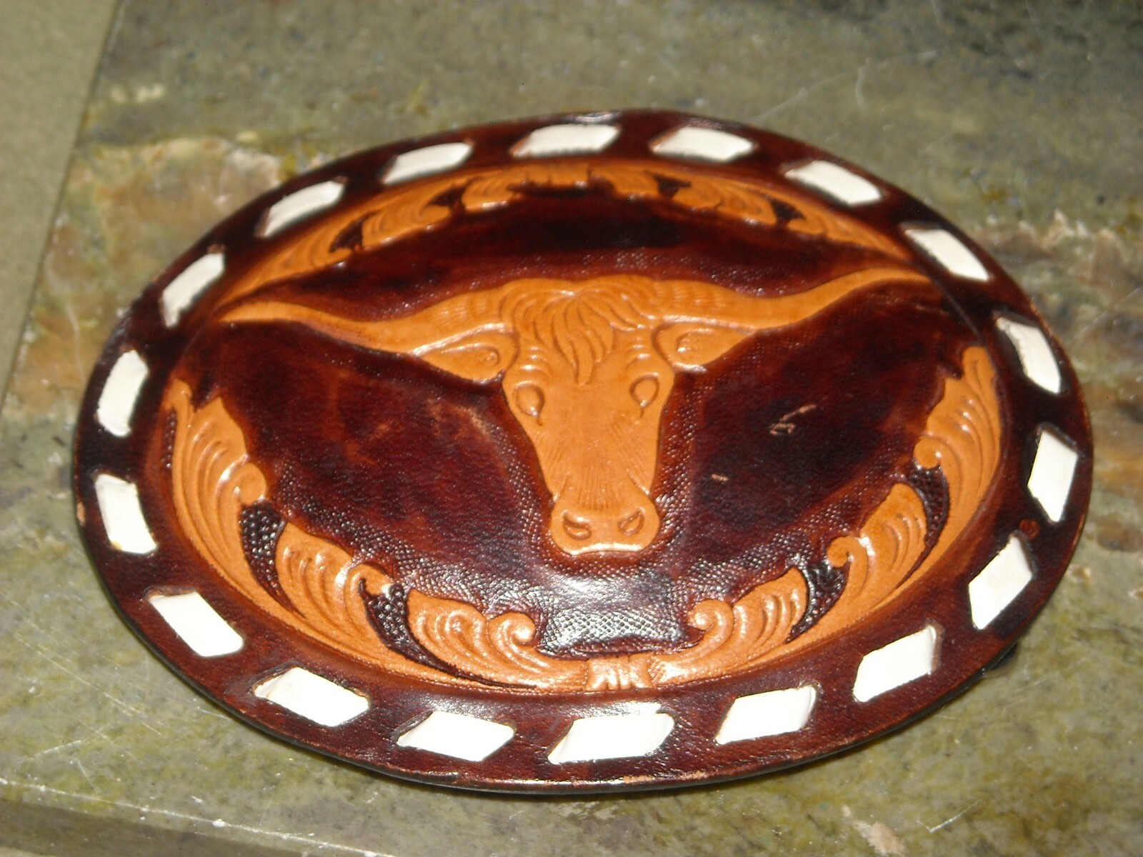 vintage leather laced tooled bull horns belt buckle 3 3/4X2 3/4&Prime;