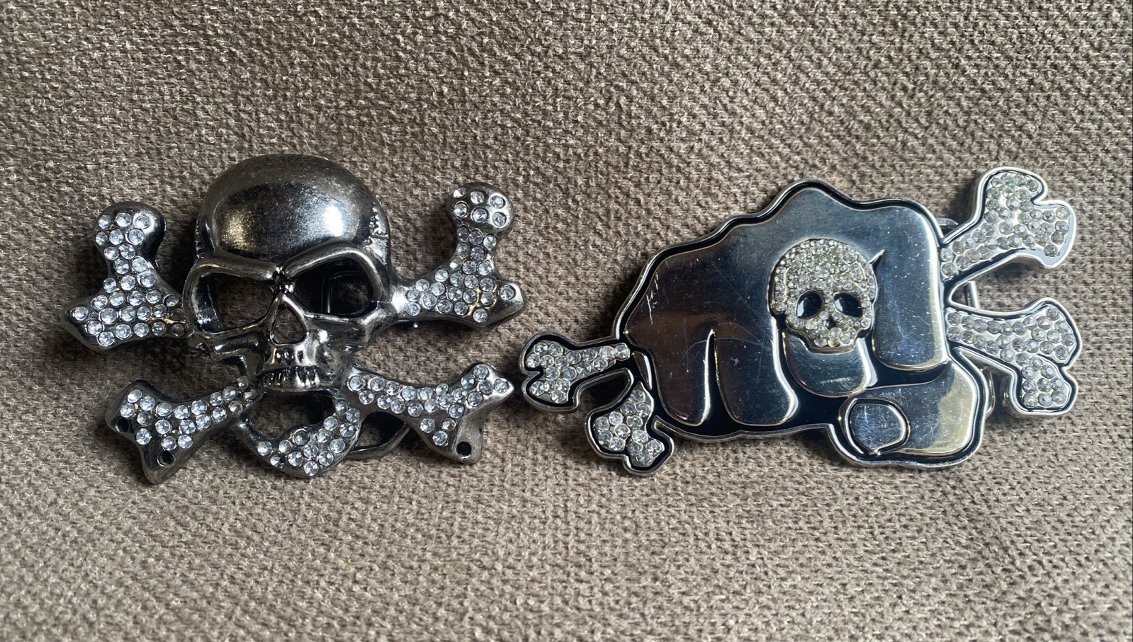 Vintage Rhinestones Punching Fist Skulls Belt Buckles Set Of 2
