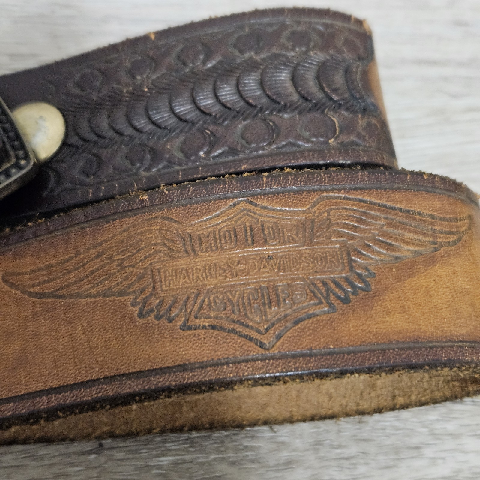 Vtg Harley-Davidson Leather Belt Country Music Buckle Brown Size 30 (READ)
