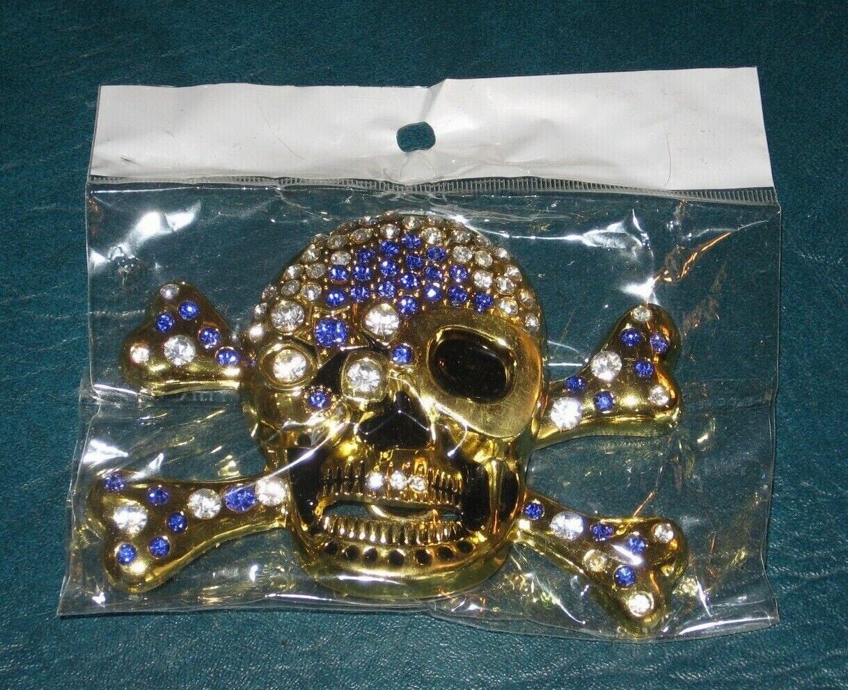 NEW Skull and Cross Bone Belt Buckle w/ BLUE Rhinestones & Gold Finish 4&Prime; Wide