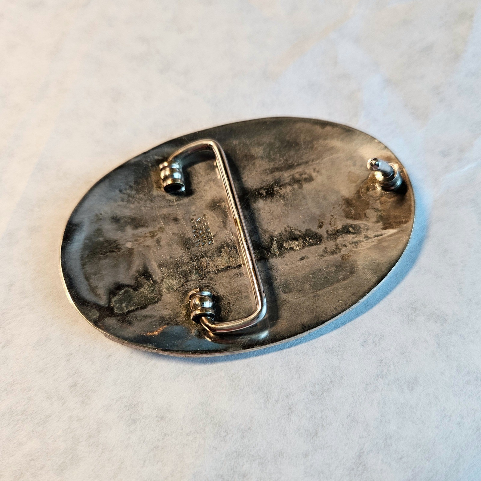Vintage Alpaca Mexico Abalone Inlay Horse Belt Buckle Southwestern Desert Scene