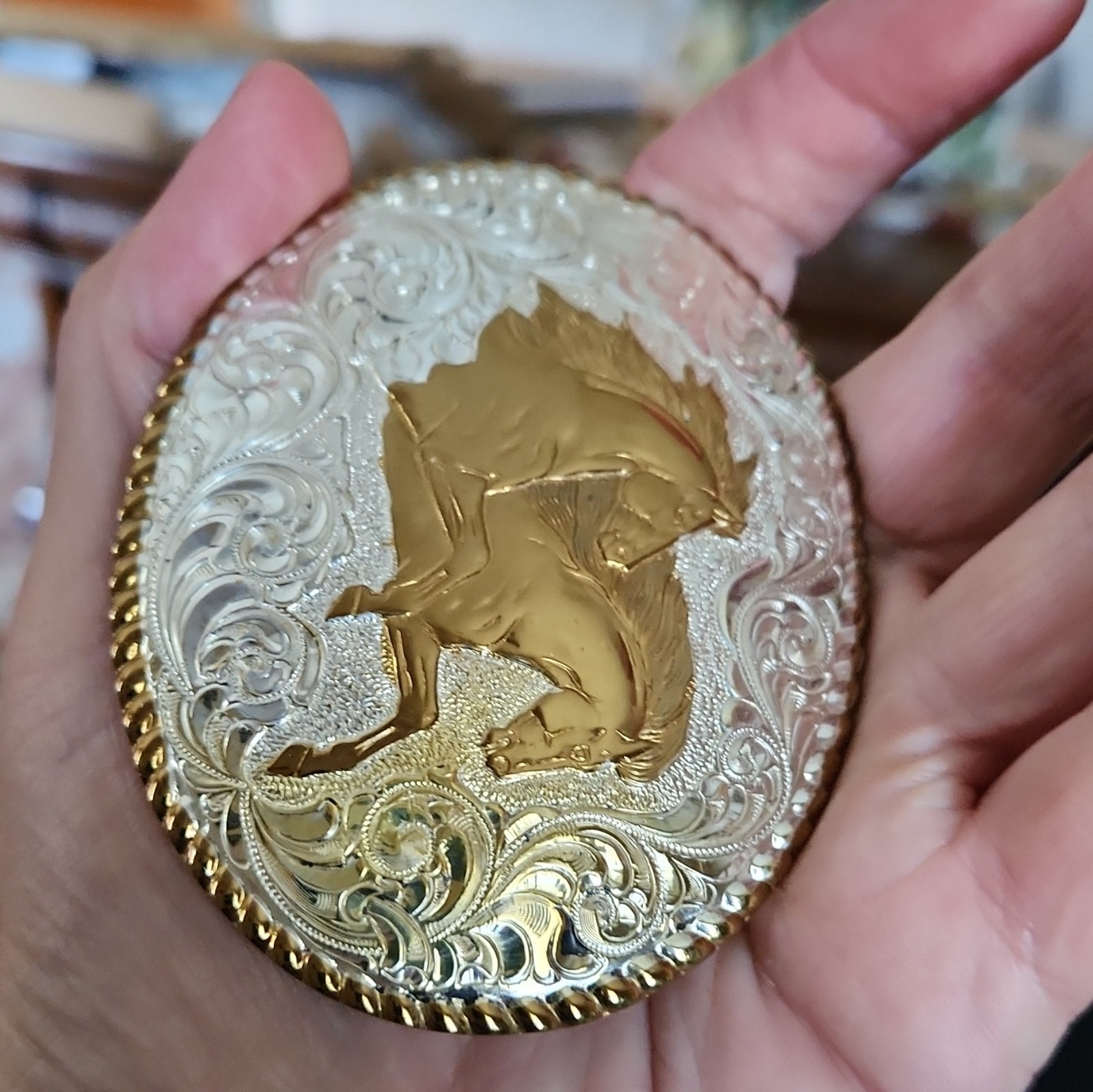 Crumrine Two-Tone Silver/Gold Oval Western Cowboy Horse Floral Belt Buckle 1.5&Prime;