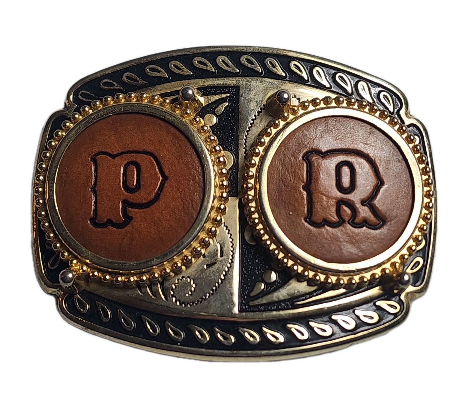Leather Letters P & R Western Cowboy Rodeo Gold-Toned Rope Trim Belt Buckle