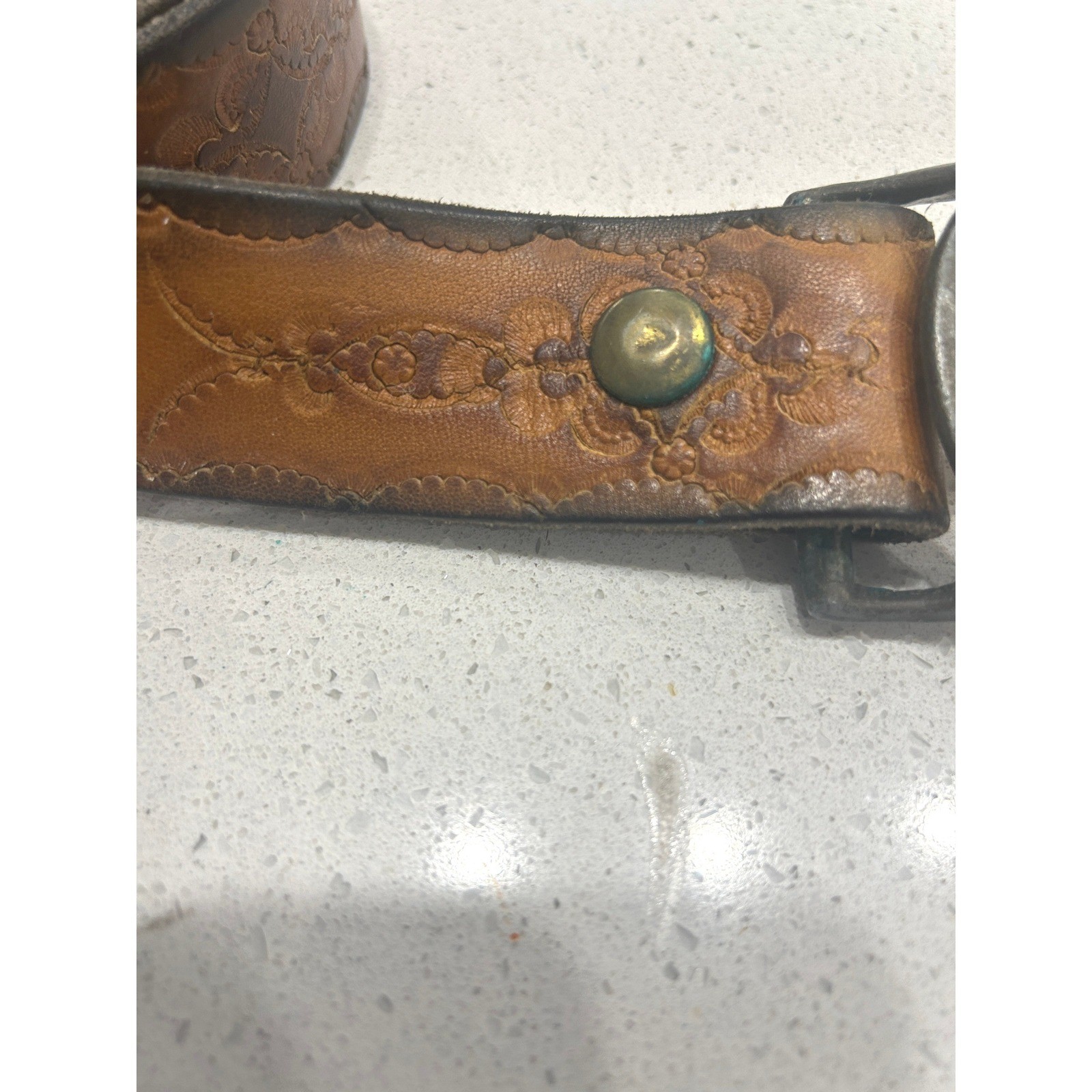 Vintage Tooled Brown Leather Belt Large Oval Metal Buckle Western Boho 46.75