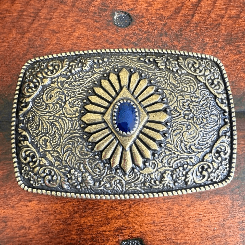 Western Antique Brass Tone Concho Buckle with Turquoise Accent