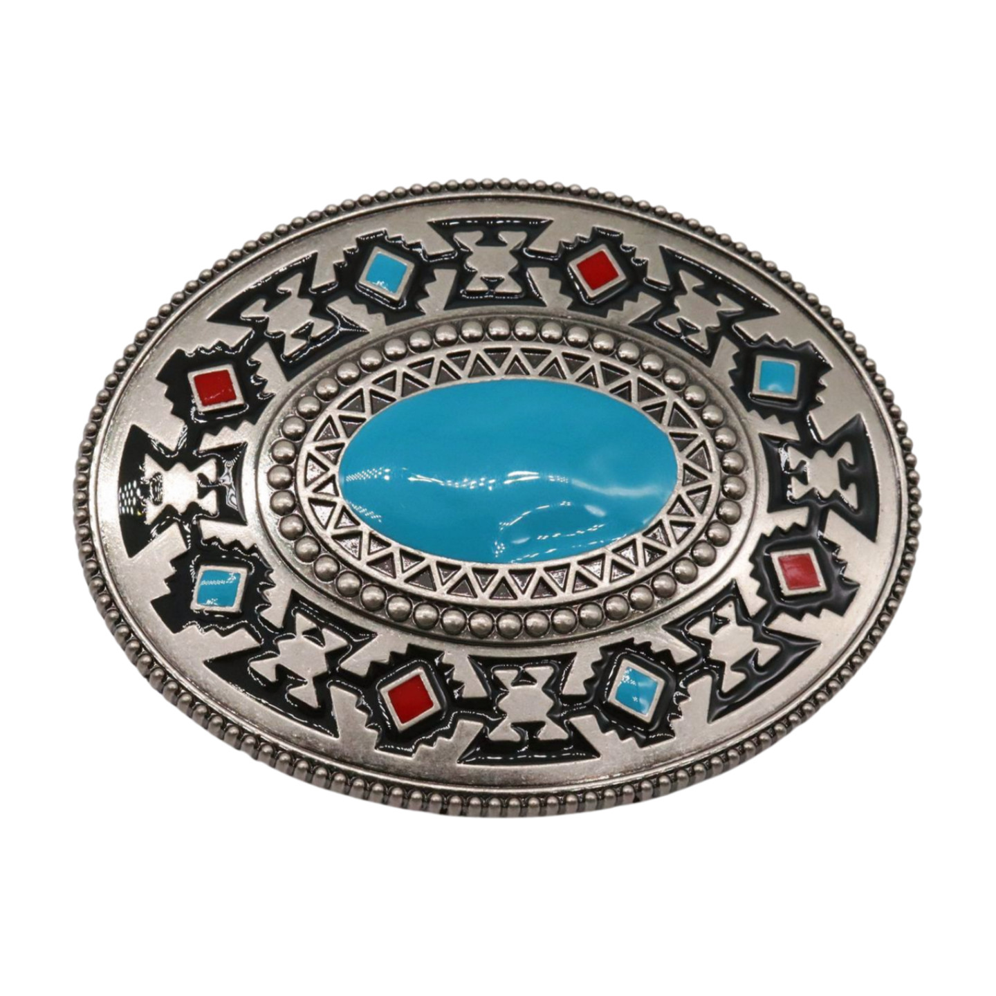 Men Silver Metal Buckle Native Ethnic Oval Shape Turquoise Blue Red Black Print