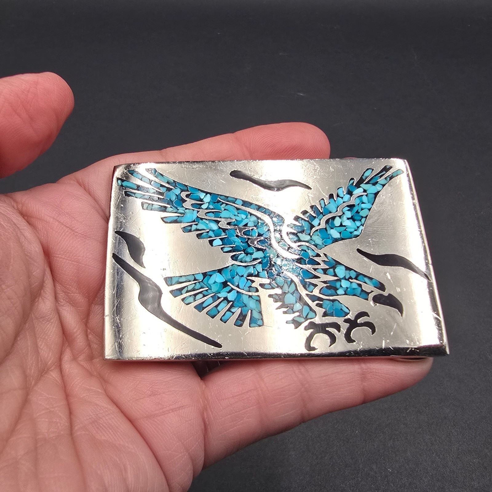 Vintage Mexico Silver Tone Turquoise Inlay Flying Eagle Rectangle Belt Buckle