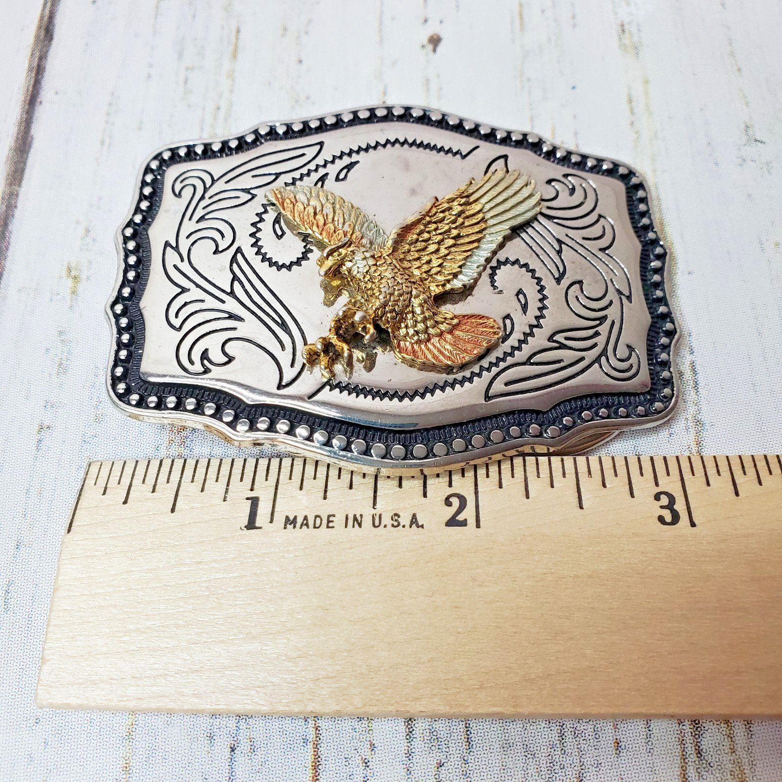 Vintage Western Eagle Belt Buckle Two Tone Silver Gold Cowboy Rodeo Scrollwork