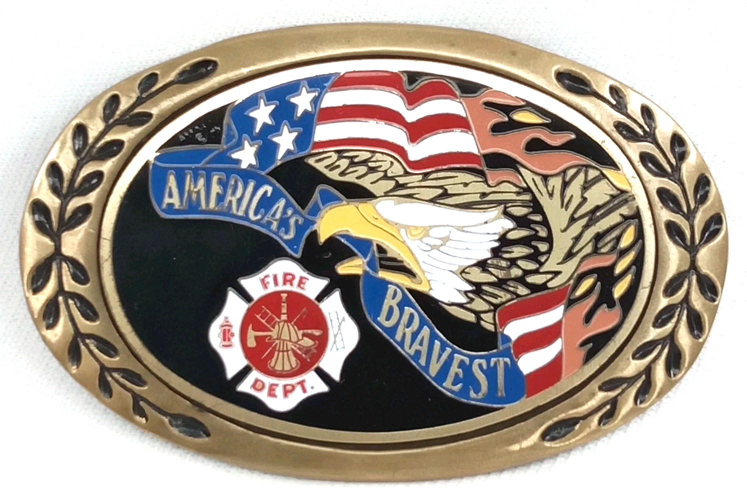 Vintage 1970s Enameled Brass Belt Buckle America&rsquo;s Bravest Fire Department
