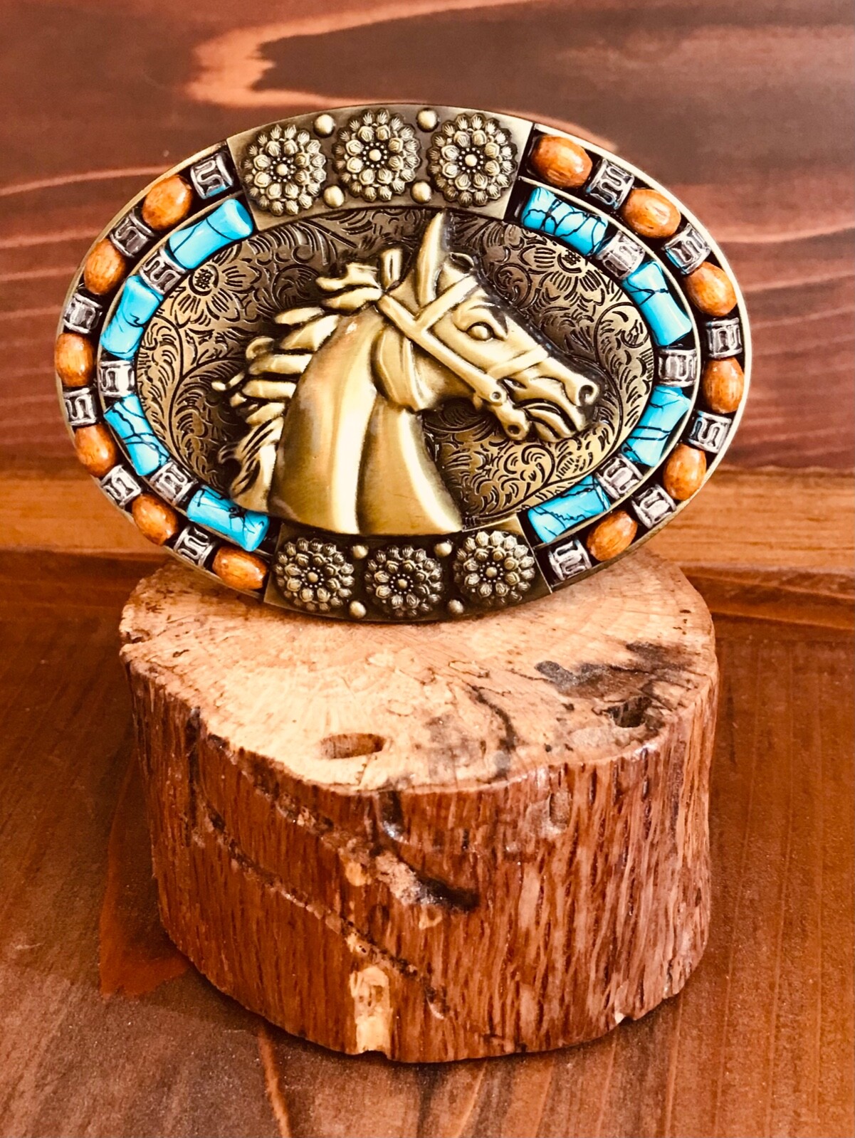 Men -women Belt Buckle Brass horse head with turquoise and rust inlaid stone