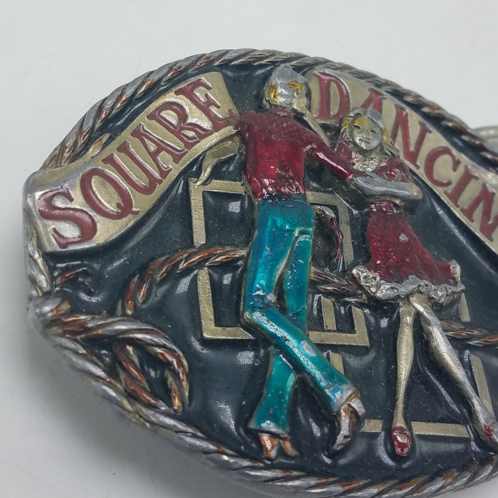 VTG 1986 Pewter & Enamel SQUARE DANCING Western C & J Belt Buckle 3&Prime; x 2 1/4&Prime;