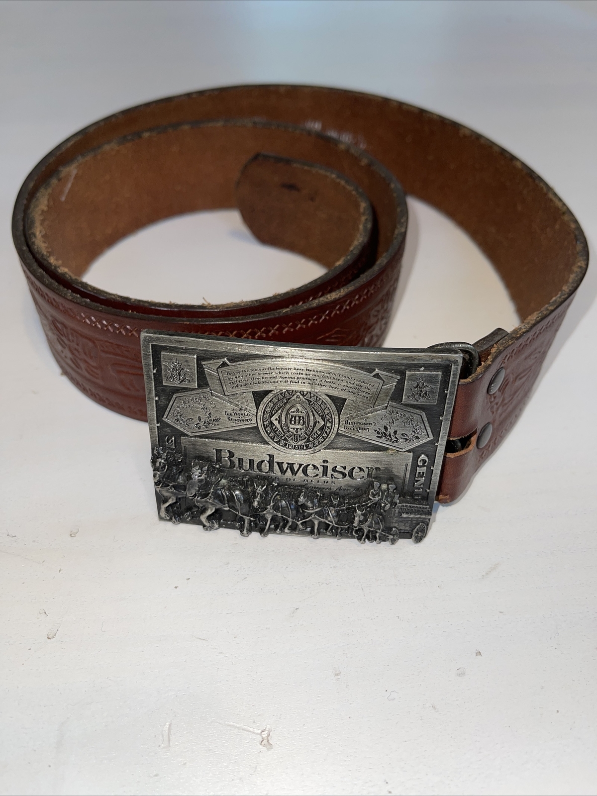 Vintage Budweiser Belt Buckle Clydesdales King of Beers Oil Tanned Leather