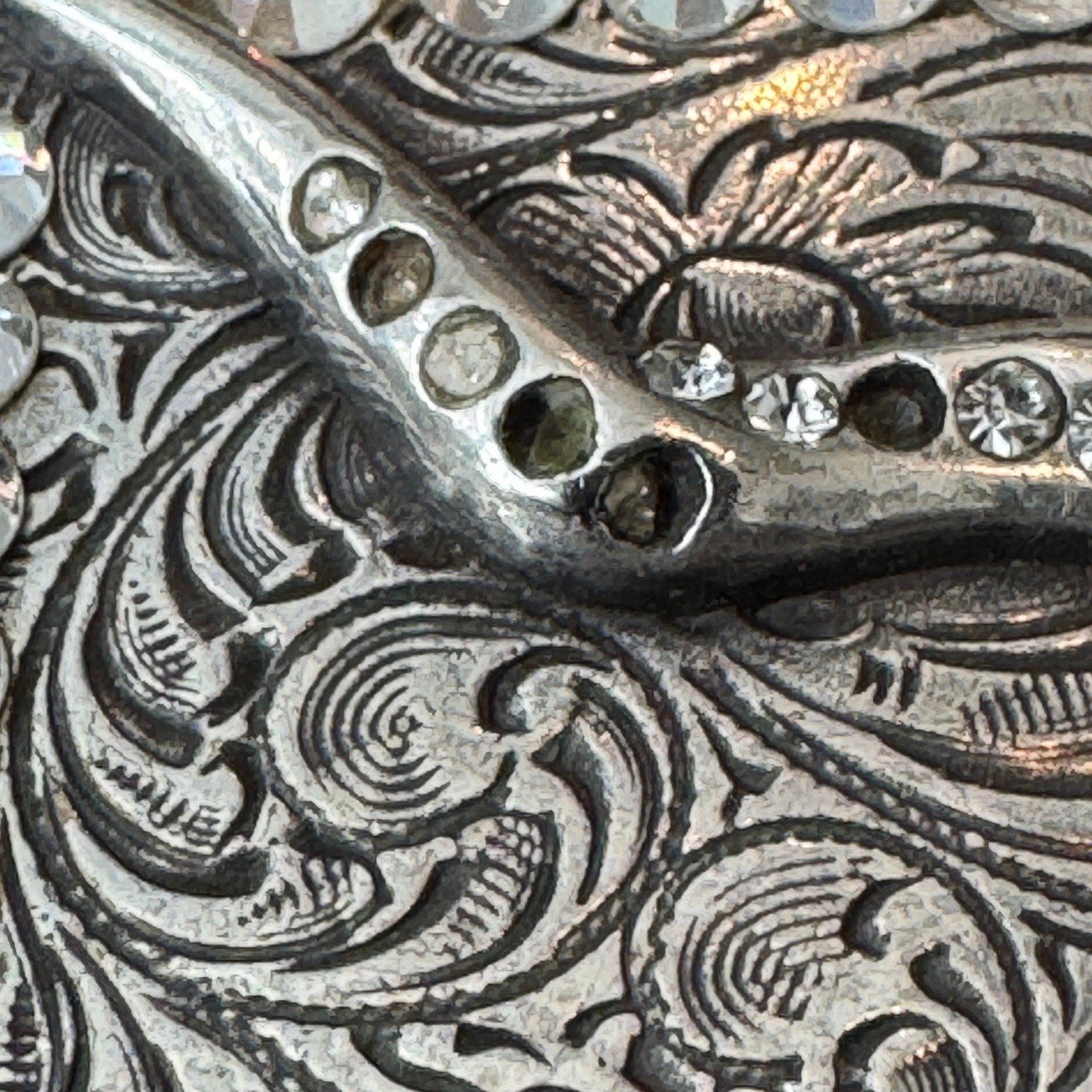 Western Longhorn Skull Belt Buckle Silver Engraved Floral Rhinestone Accents