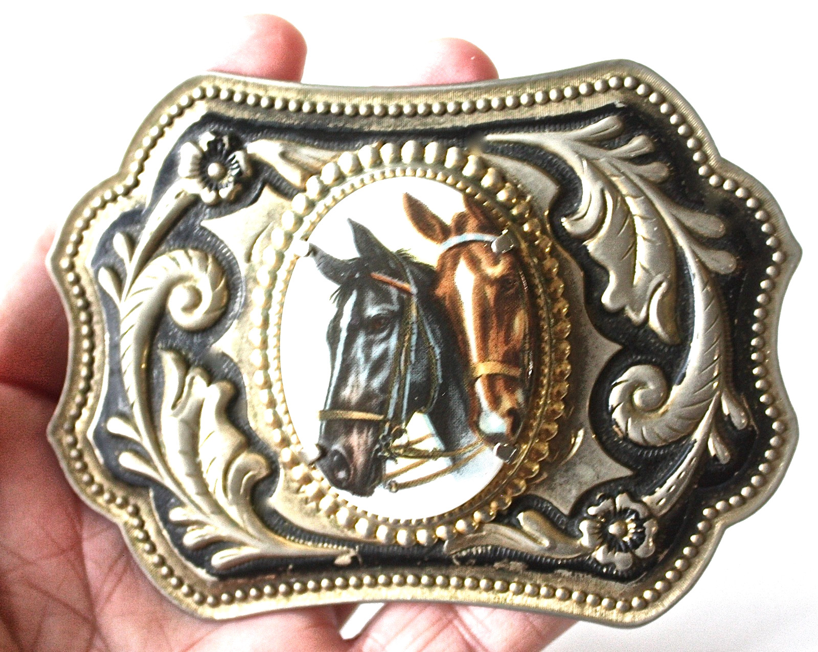 Vtg Equestrian Western Belt Buckle Porcelain Horse Portrait SIlver and Gold Tone