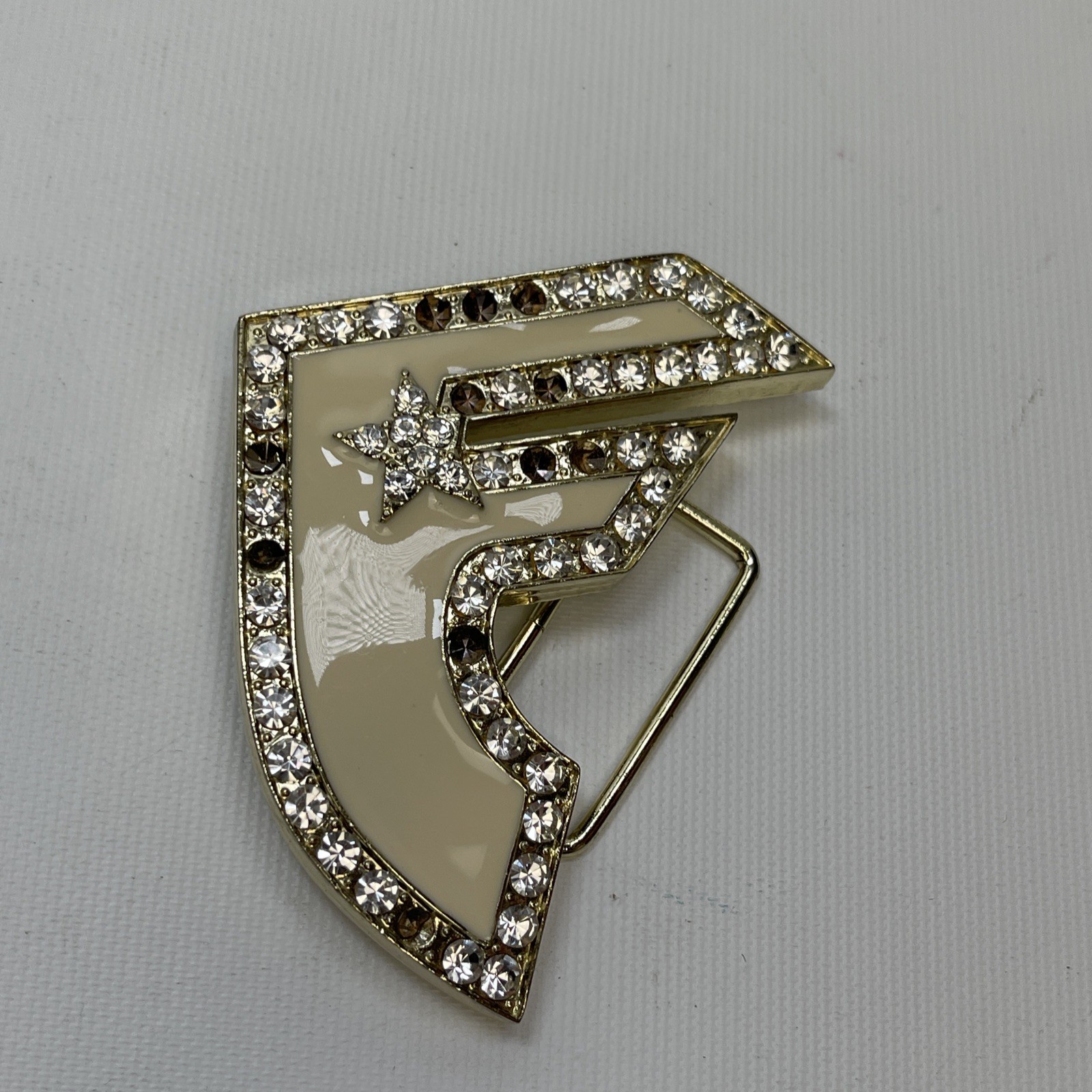 Famous Stars & Straps Rhinestone Covered F Emblem Silver Color Y2K Belt Buckle