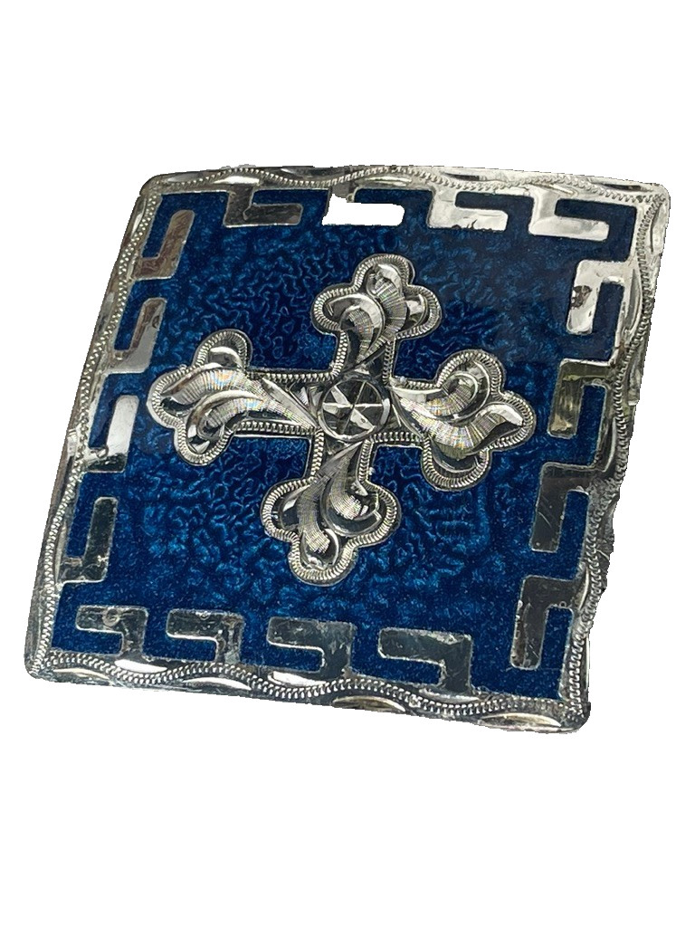 Western Mens Belt Buckle 3.25 x 3 in Southern Cross Cowboy Blue Silver 1.5
