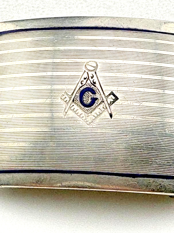 VINTAGE MARSH STERLING SILVER MASONIC BLUE ENAMEL HISTORIC BELT BUCKLE 17G 2144