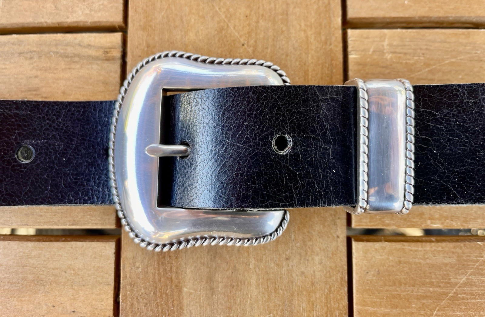 Western Belt Buckle Bonfe Leather Workshop Silver Ranger w/ Premium Leather Belt