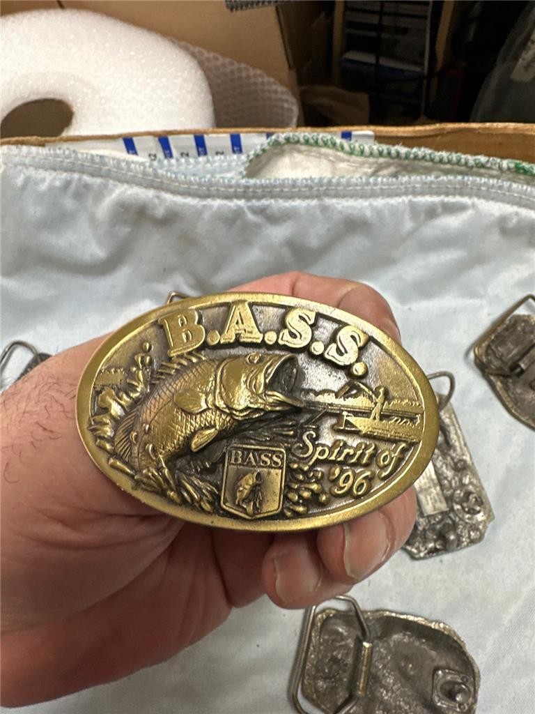 Six Vintage Fishing Belt Buckles Bass, etc.