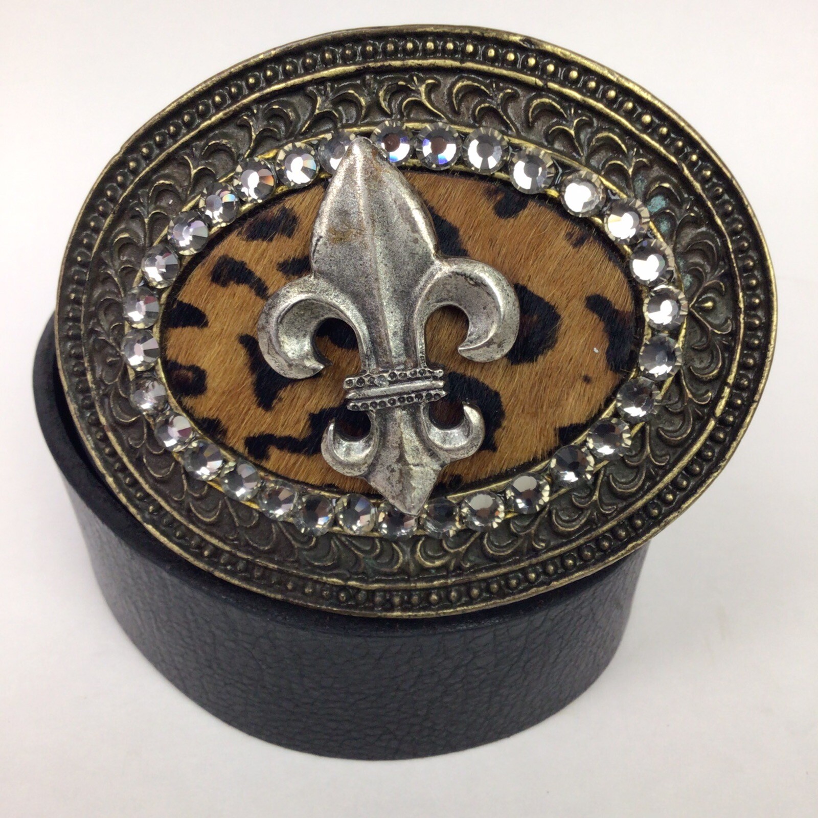 Fleur de Lis buckle + Belt Bronze Animal Print Fur Rhinestone Bling USA Made