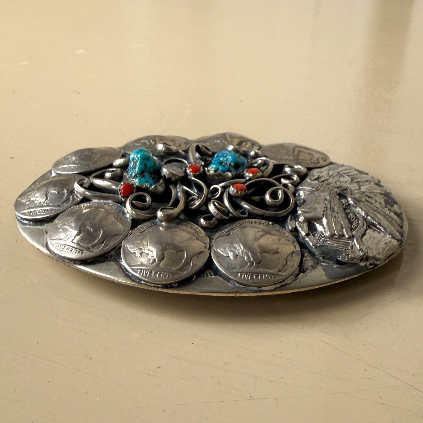 Vtg Buffalo Nickel Silver Handcrafted Belt Buckle Native American Turquoise